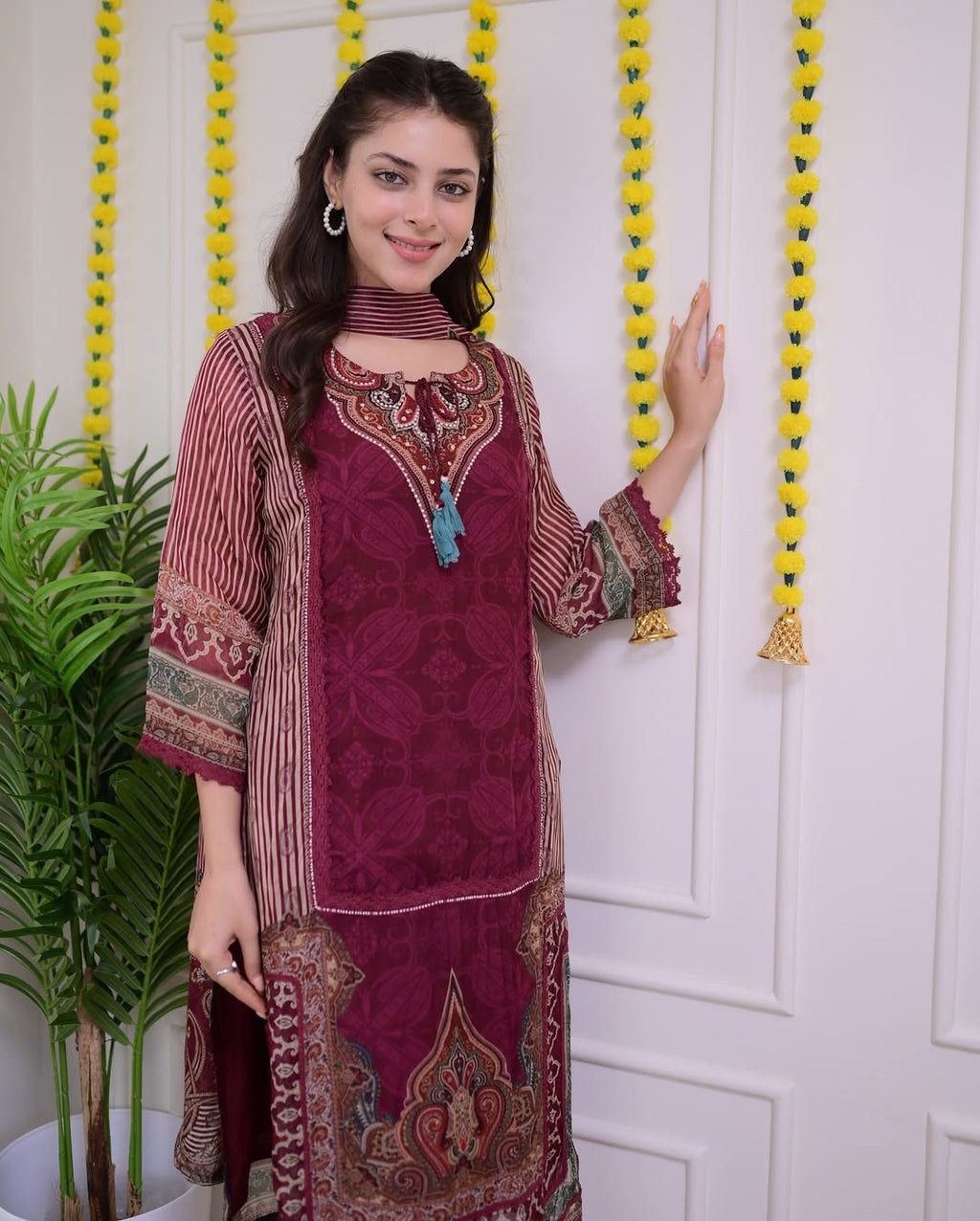 Pakistani Maroon Pure Soft Muslin Suit Set with Hand Embroidery