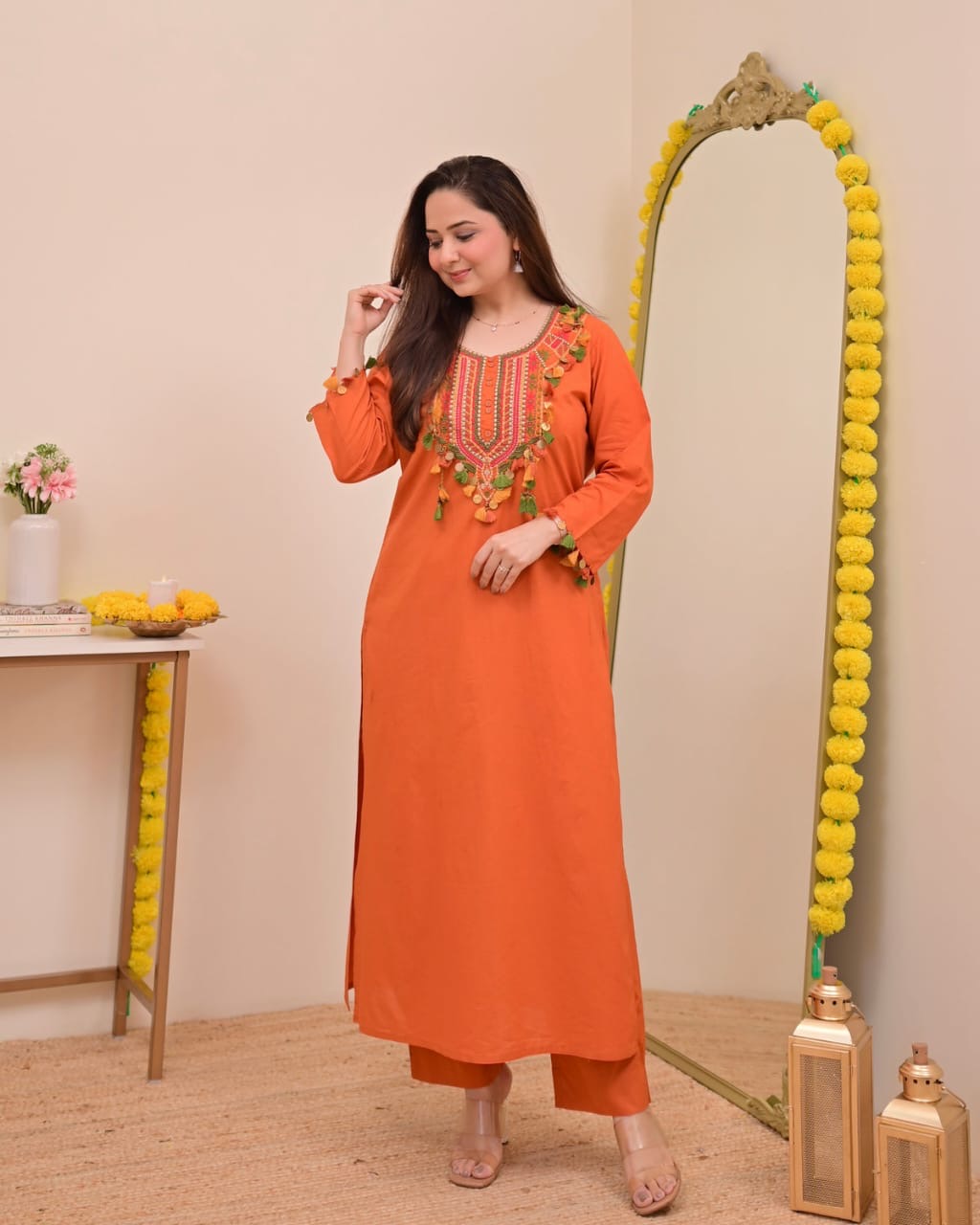 Festive Pure Cotton Embroidered Kurta Set with Tassels