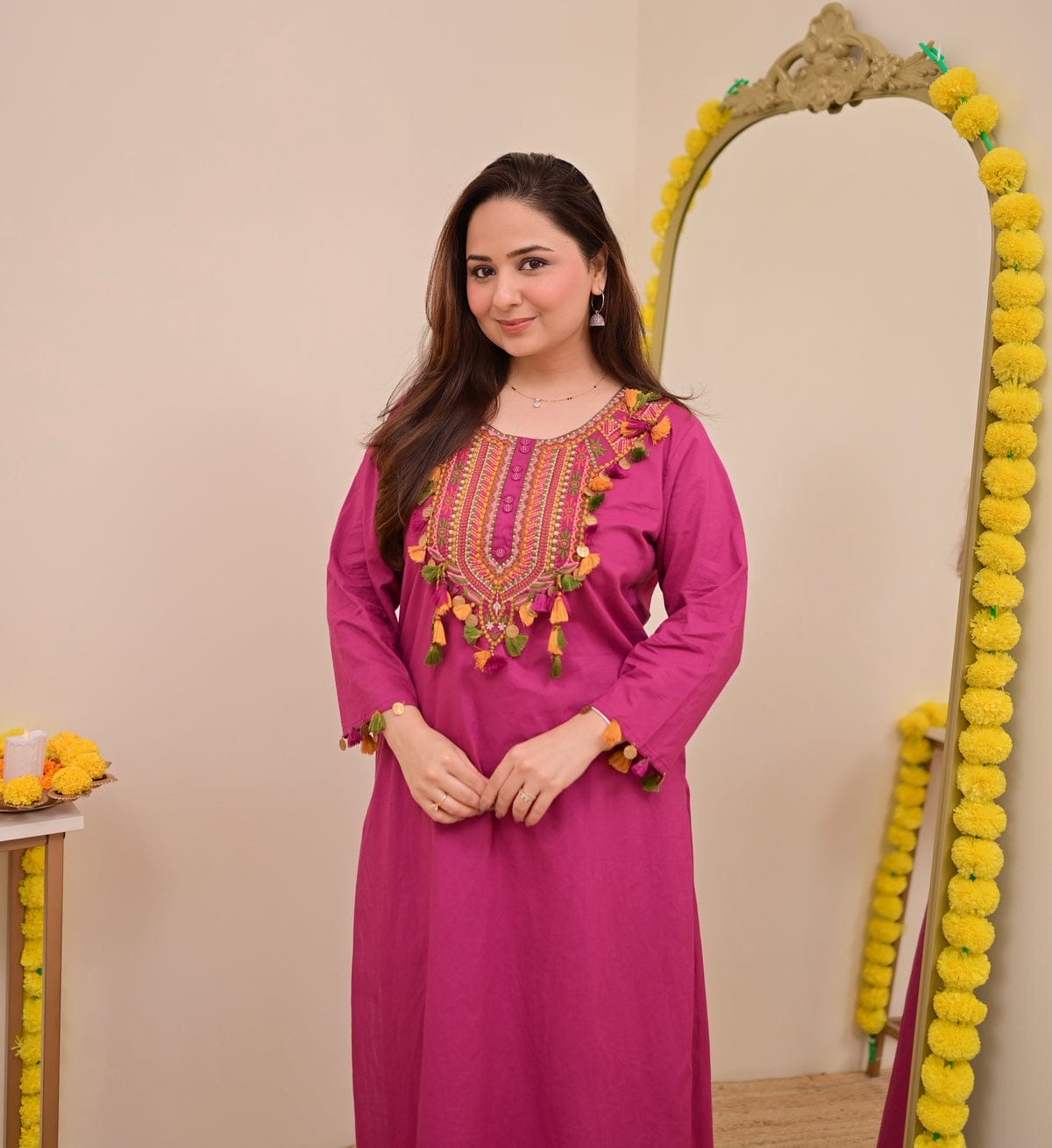 Festive Pure Cotton Embroidered Kurta Set with Tassels