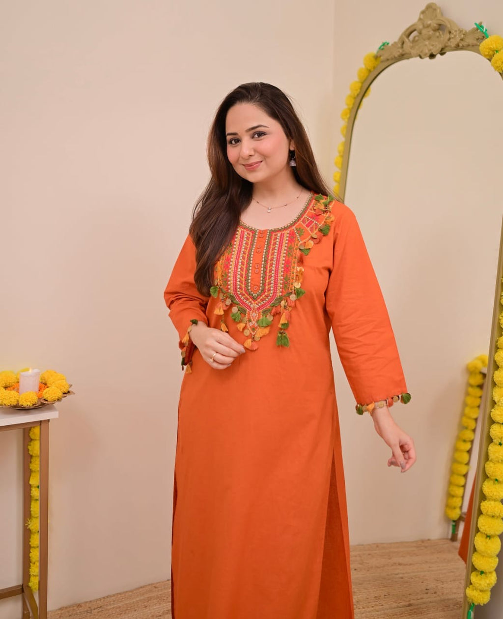 Festive Pure Cotton Embroidered Kurta Set with Tassels