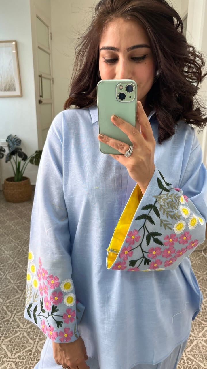 Parsi Floral Embroidery Pure Cotton Co-ord Set