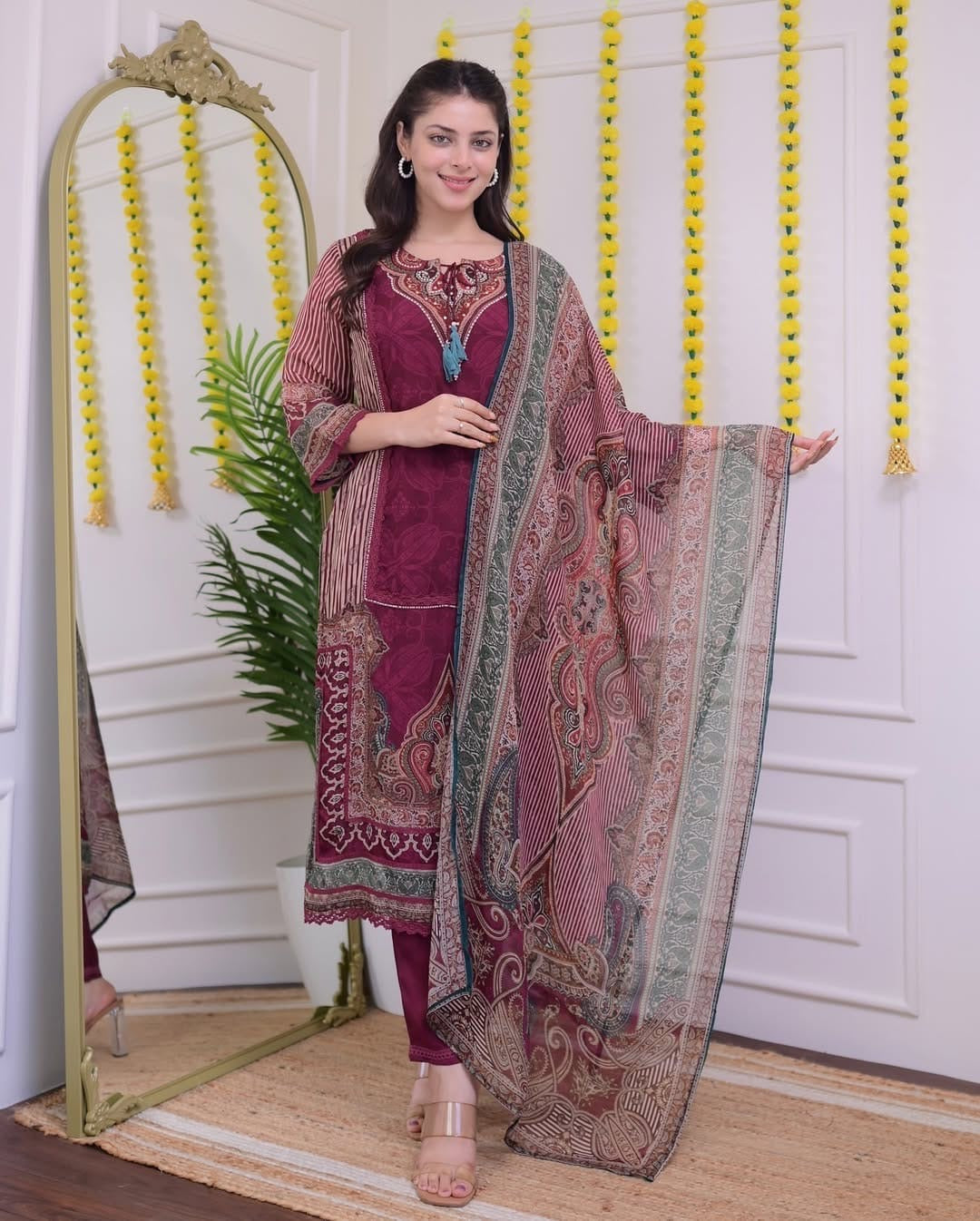 Pakistani Maroon Pure Soft Muslin Suit Set with Hand Embroidery