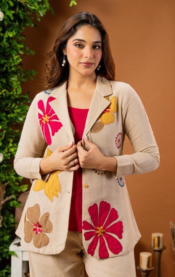 3-Piece Cotton Flex Blazer Set with Floral Folk Embroidery