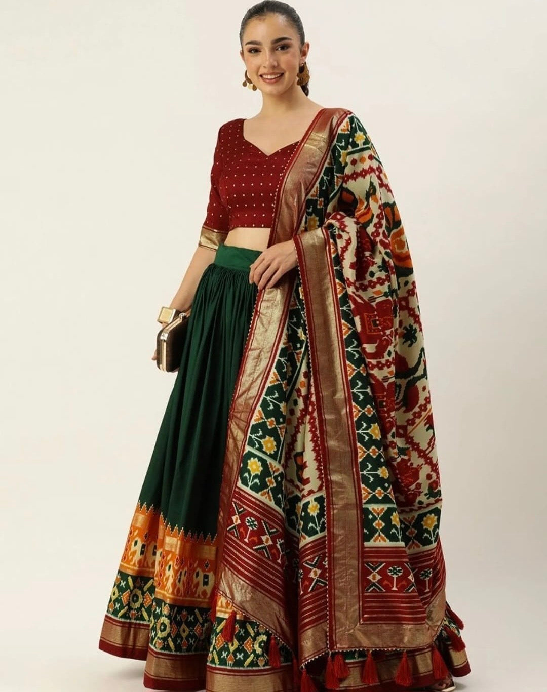 Tussar Silk Patola Print Lehenga Choli with Foil Work