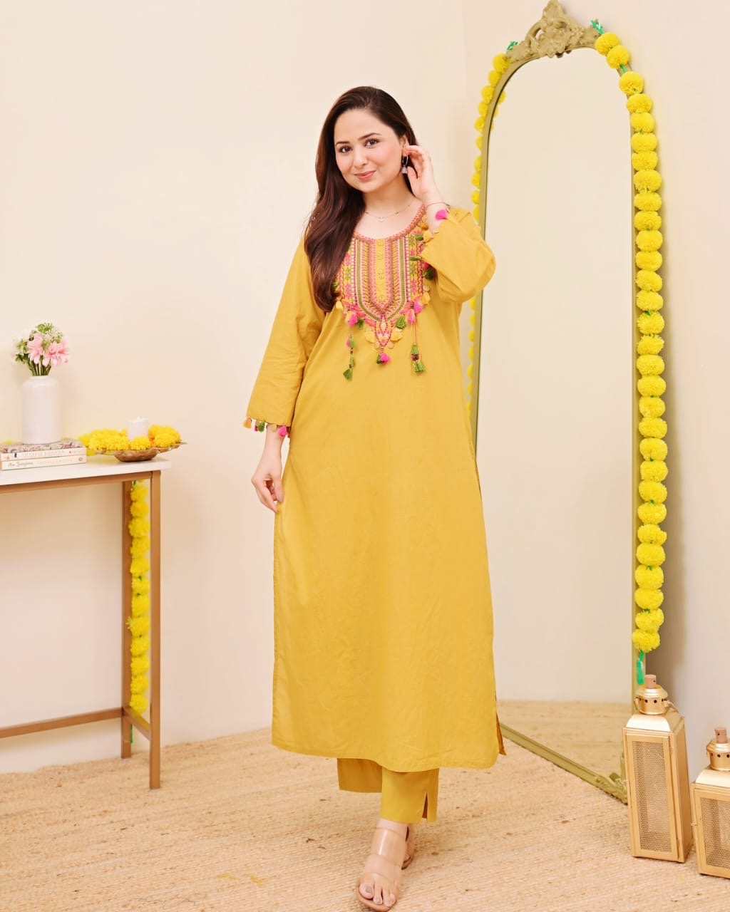 Festive Pure Cotton Embroidered Kurta Set with Tassels
