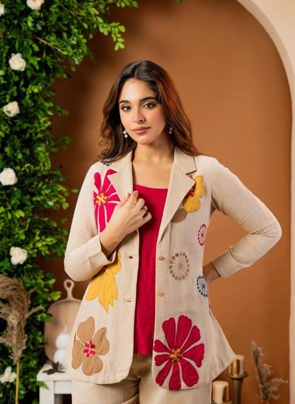 3-Piece Cotton Flex Blazer Set with Floral Folk Embroidery