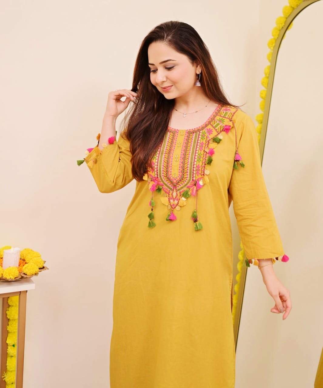 Festive Pure Cotton Embroidered Kurta Set with Tassels