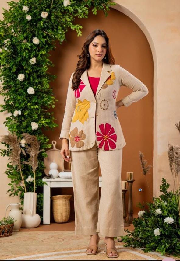 3-Piece Cotton Flex Blazer Set with Floral Folk Embroidery