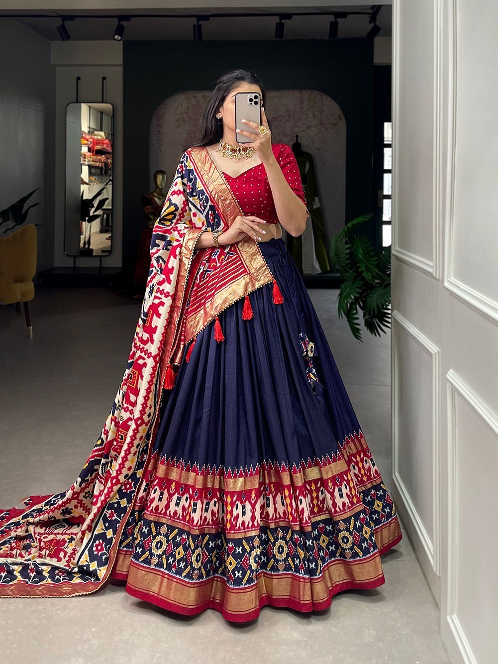 Tussar Silk Patola Print Lehenga Choli with Foil Work