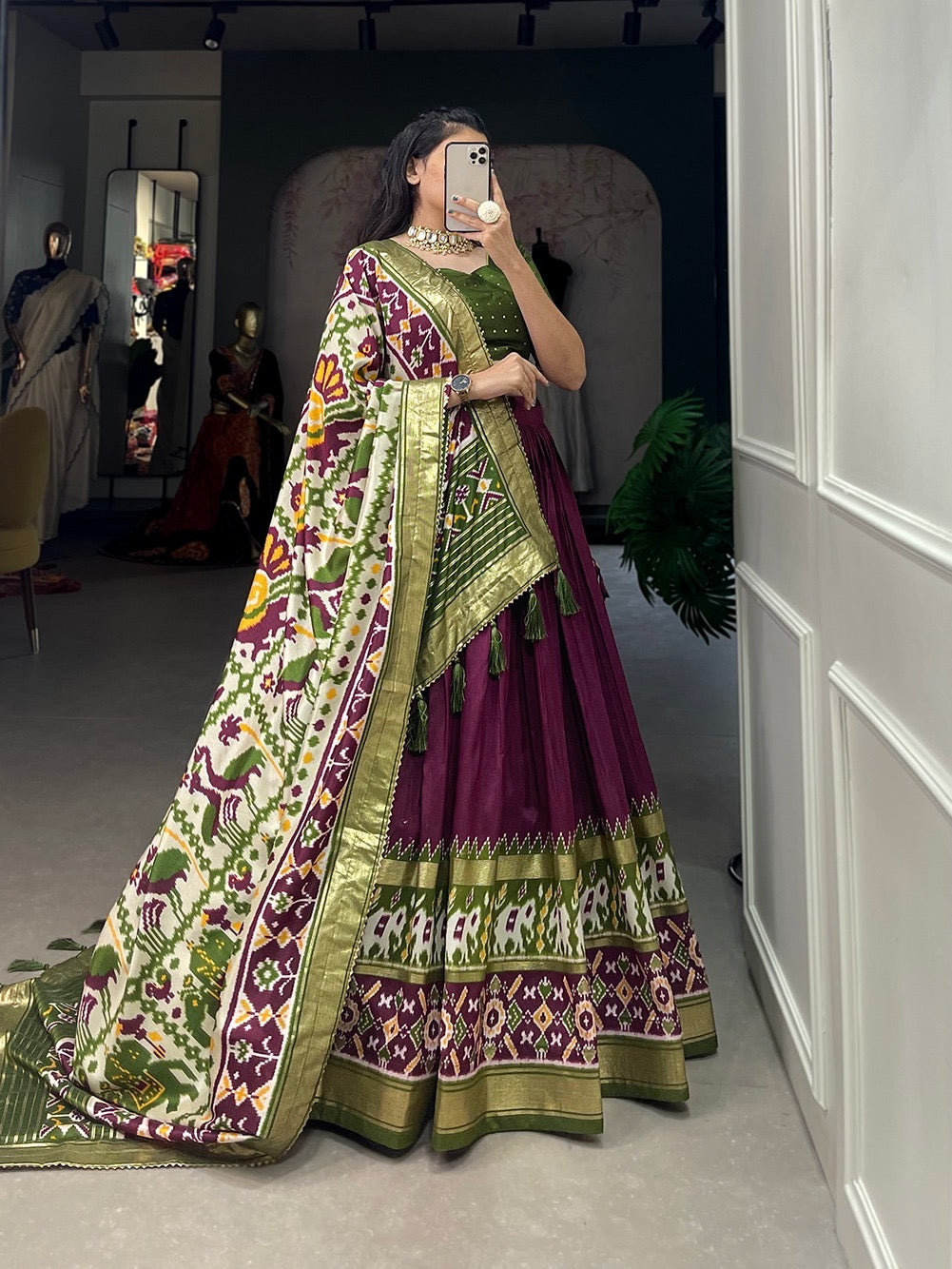 Tussar Silk Patola Print Lehenga Choli with Foil Work