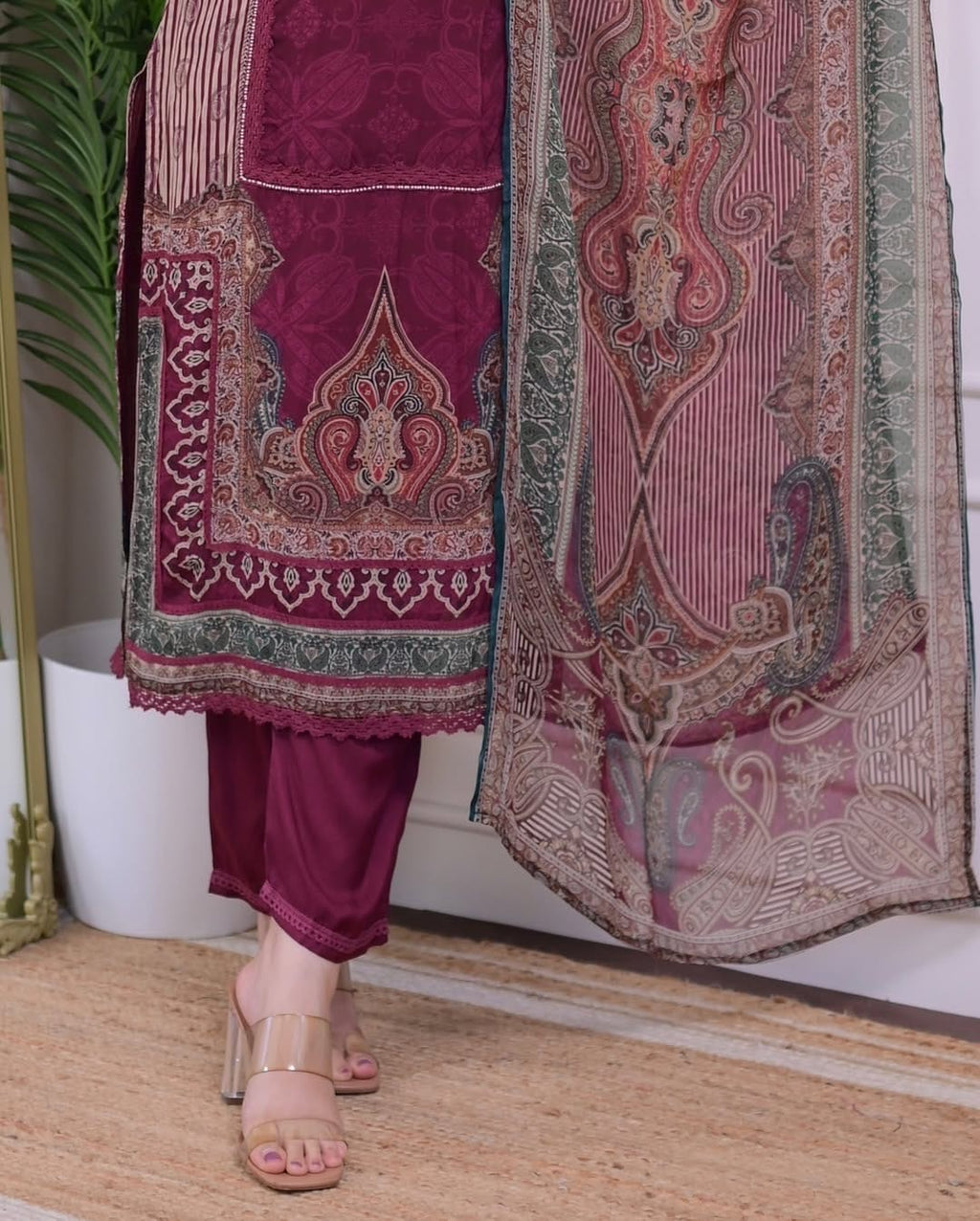 Pakistani Maroon Pure Soft Muslin Suit Set with Hand Embroidery