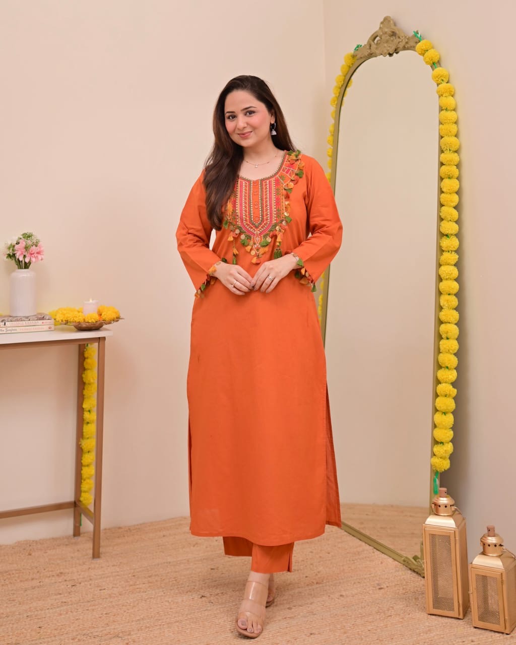 Festive Pure Cotton Embroidered Kurta Set with Tassels