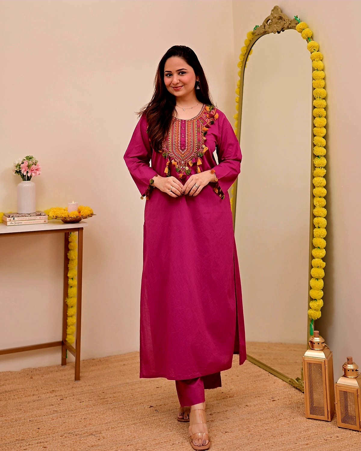 Festive Pure Cotton Embroidered Kurta Set with Tassels