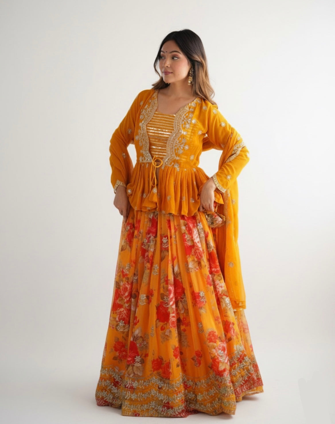 Floral Digital Print Faux Georgette Lehengha Choli with Koti