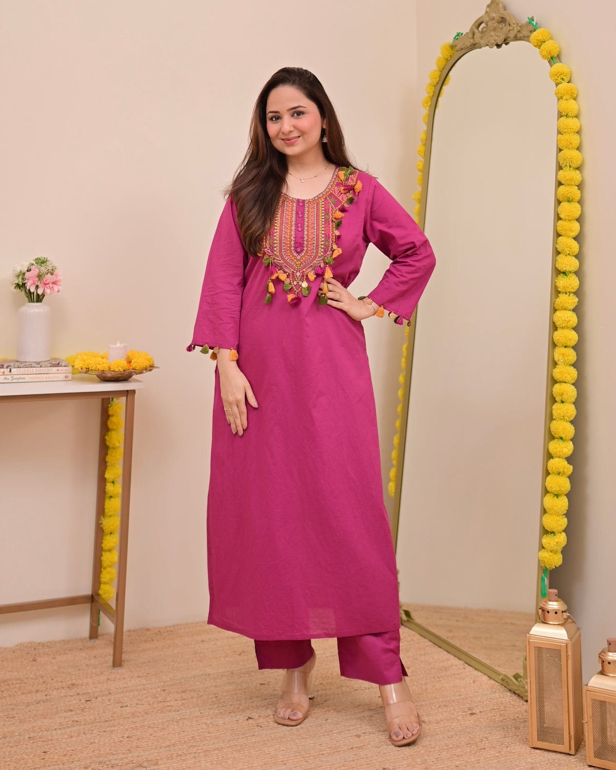 Festive Pure Cotton Embroidered Kurta Set with Tassels