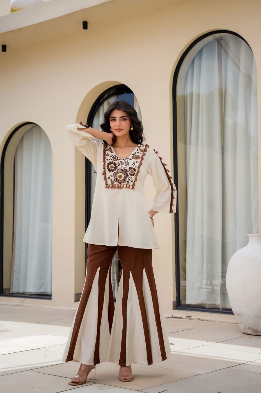 Premium Cotton Flex 2-Piece Set - Embroidered Top & Tiered Sharara