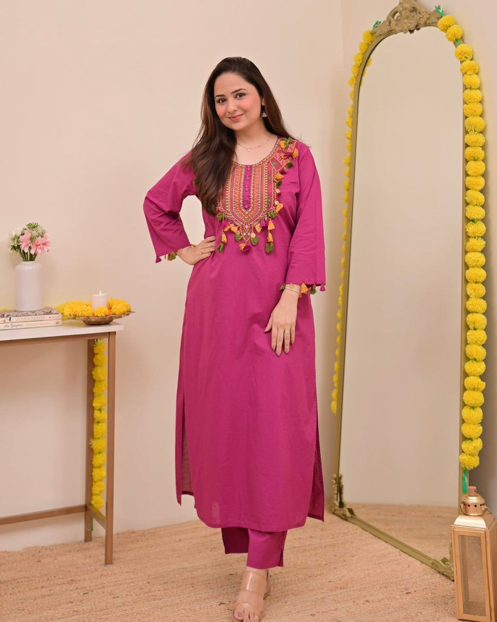 Festive Pure Cotton Embroidered Kurta Set with Tassels