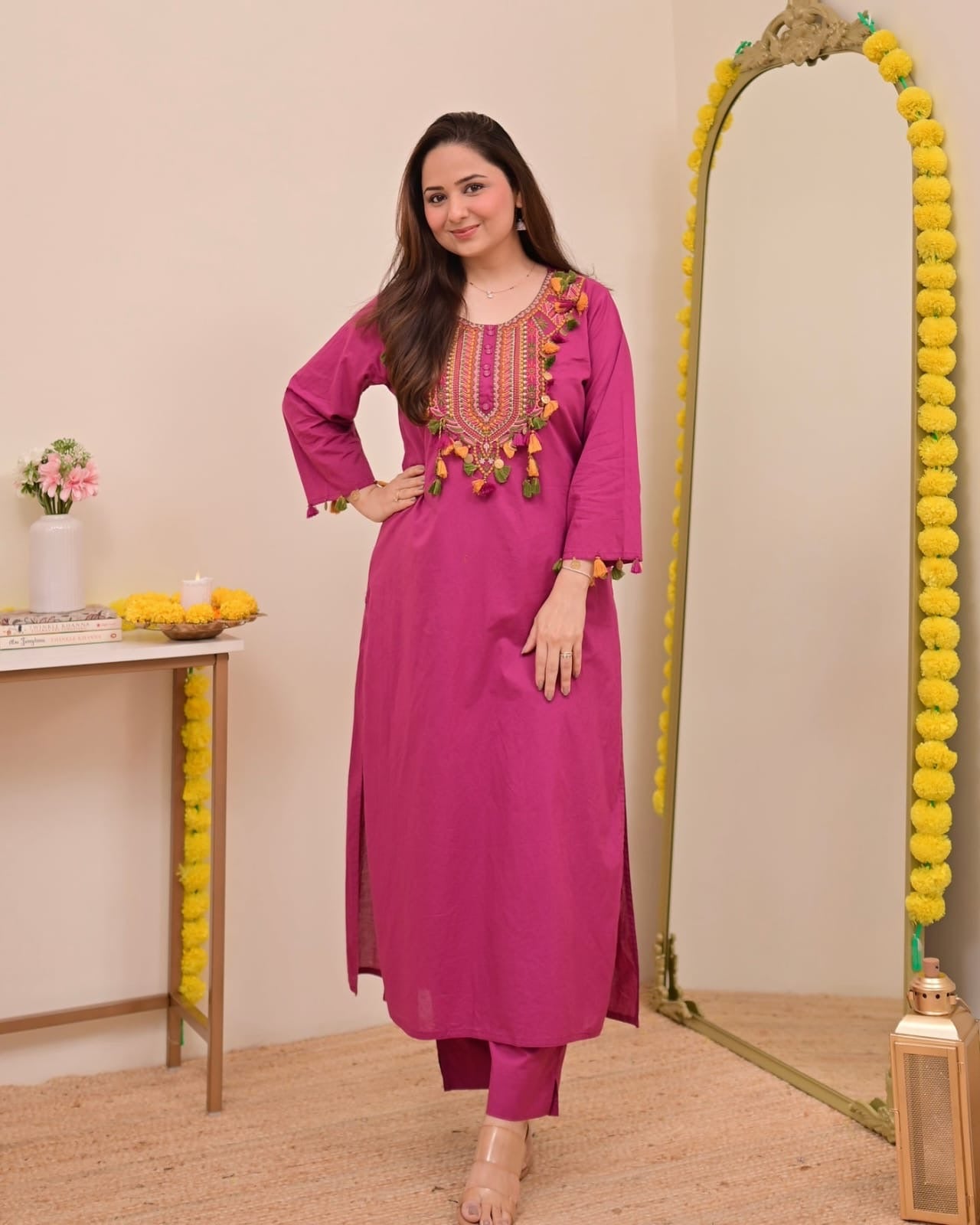 Festive Pure Cotton Embroidered Kurta Set with Tassels
