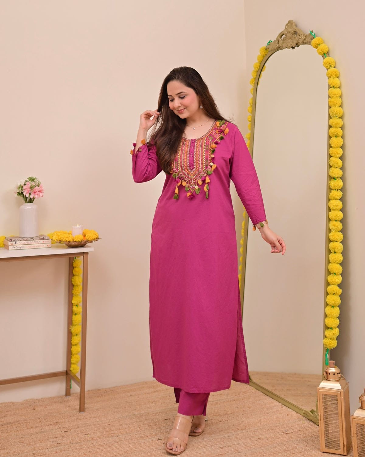 Festive Pure Cotton Embroidered Kurta Set with Tassels