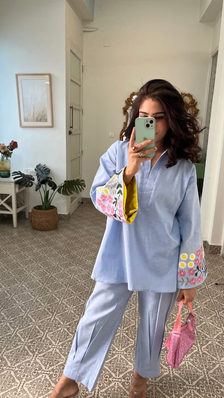 Parsi Floral Embroidery Pure Cotton Co-ord Set