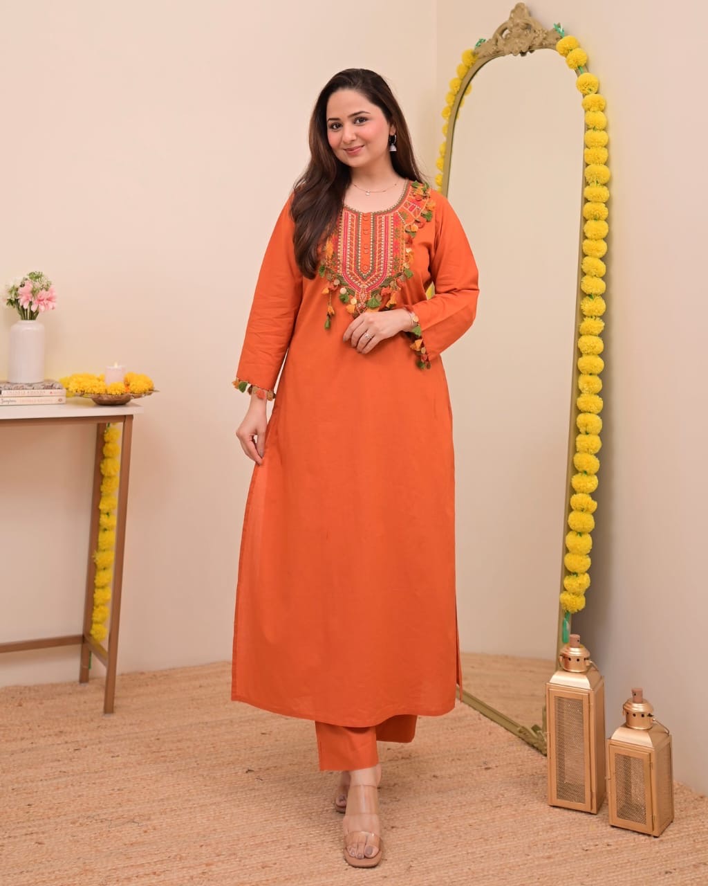 Festive Pure Cotton Embroidered Kurta Set with Tassels
