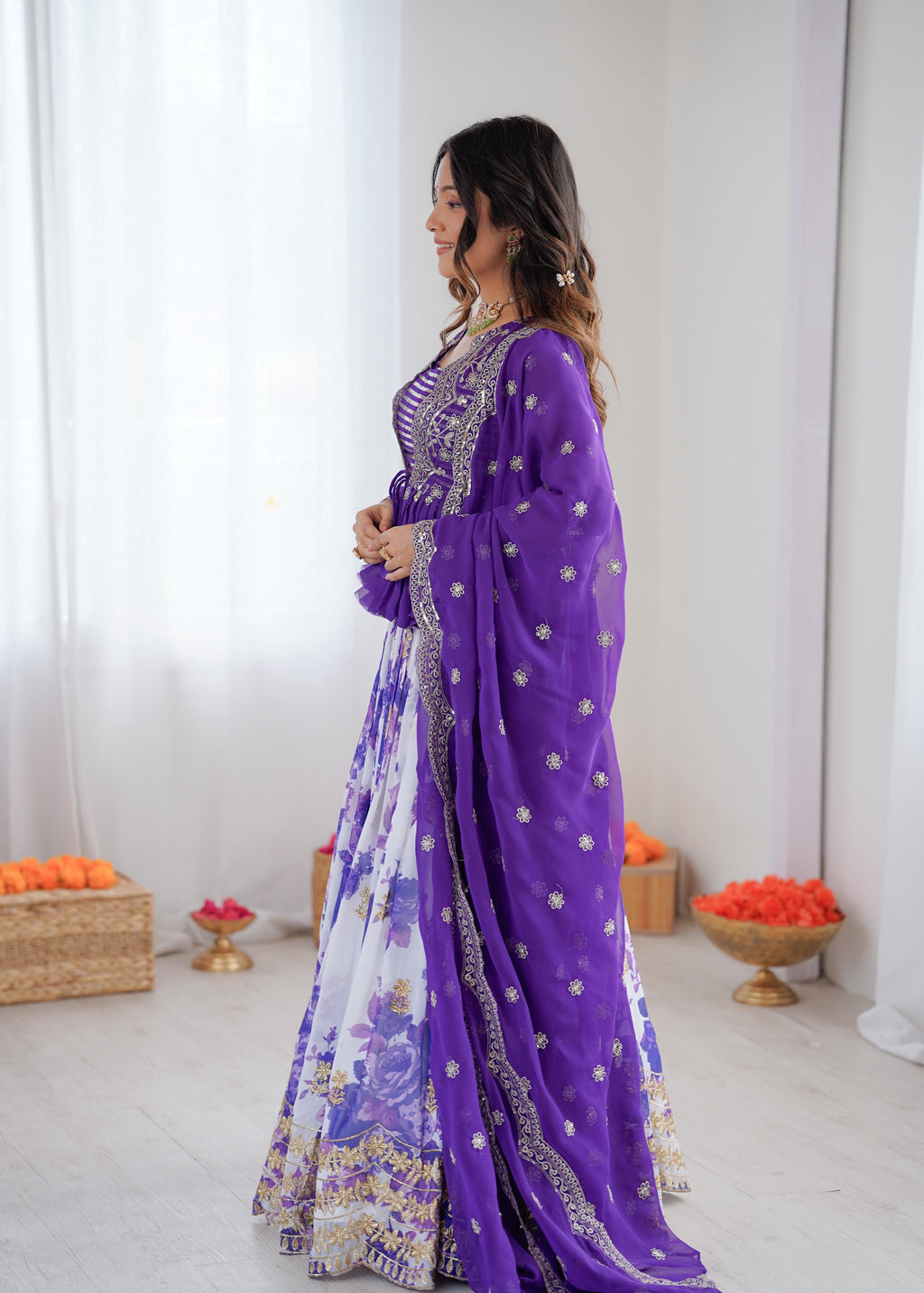 Floral Digital Print Faux Georgette Lehengha Choli with Koti