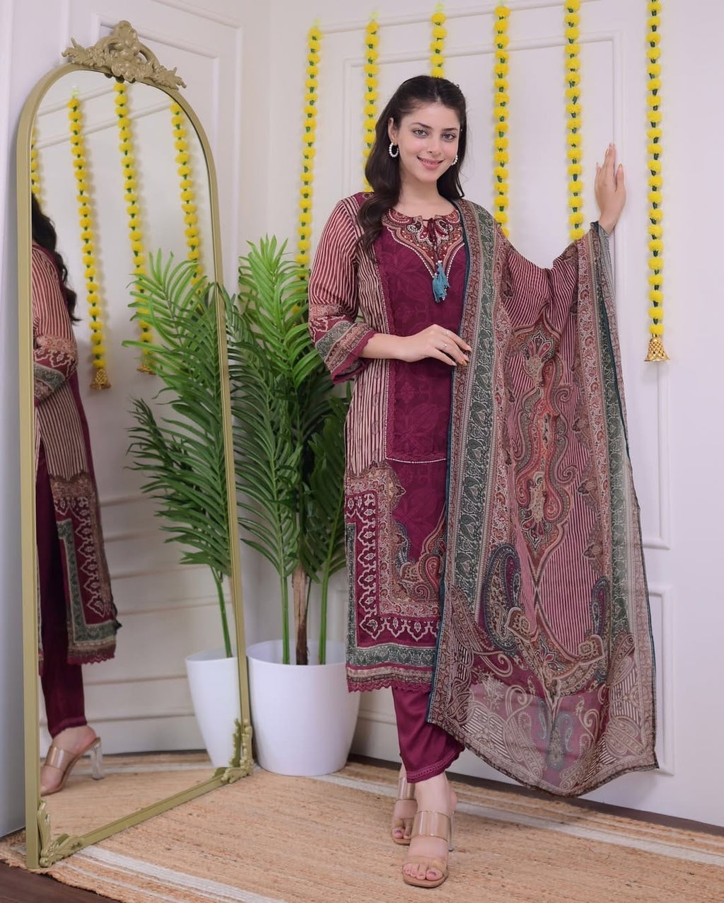 Pakistani Maroon Pure Soft Muslin Suit Set with Hand Embroidery