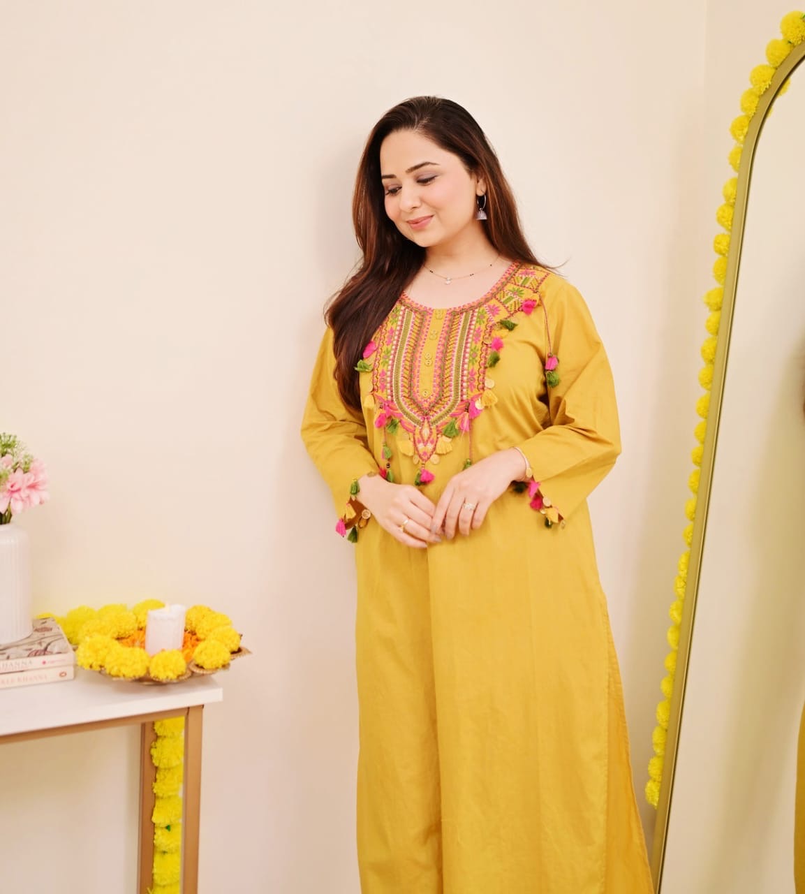 Festive Pure Cotton Embroidered Kurta Set with Tassels