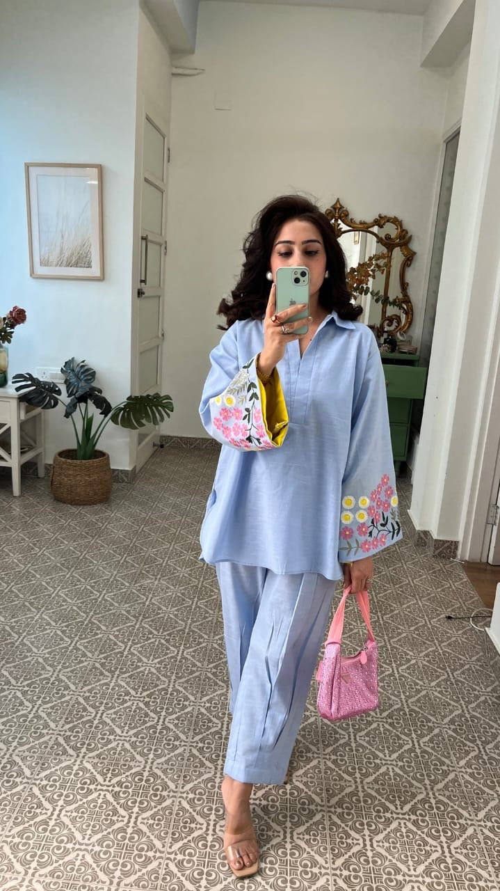 Parsi Floral Embroidery Pure Cotton Co-ord Set